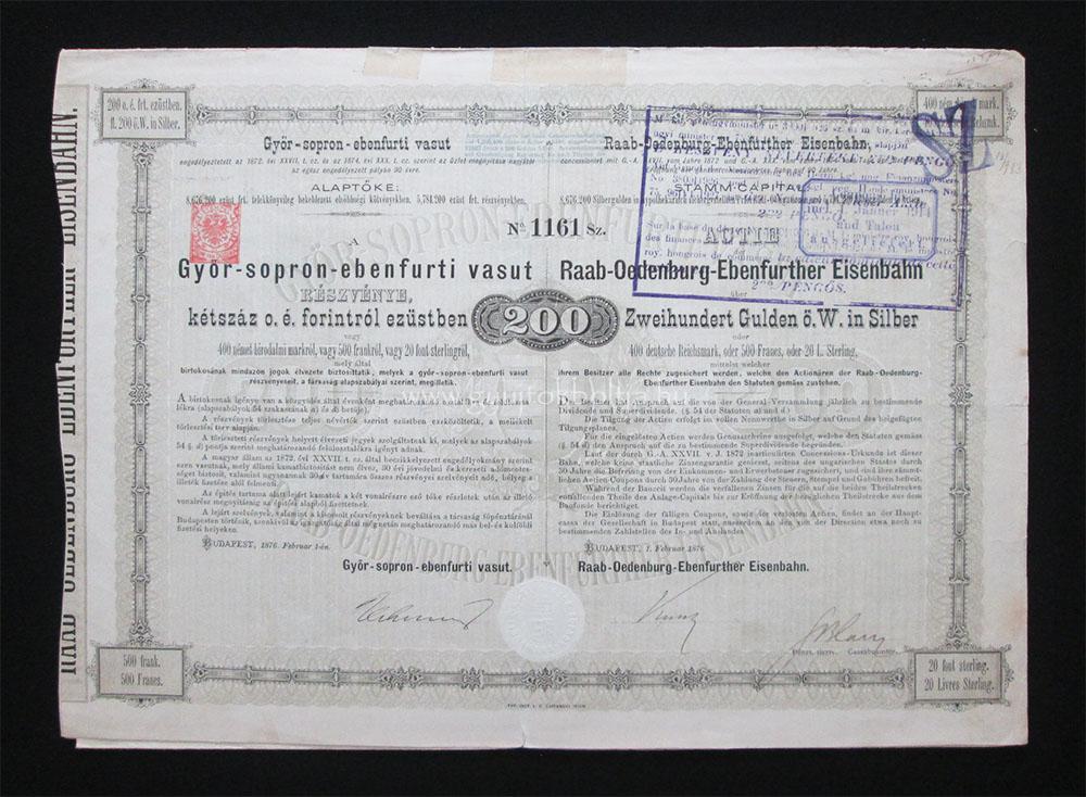 GYSEV Gyõr-Sopron-Ebenfurti Vasút alapítói részvény 1876